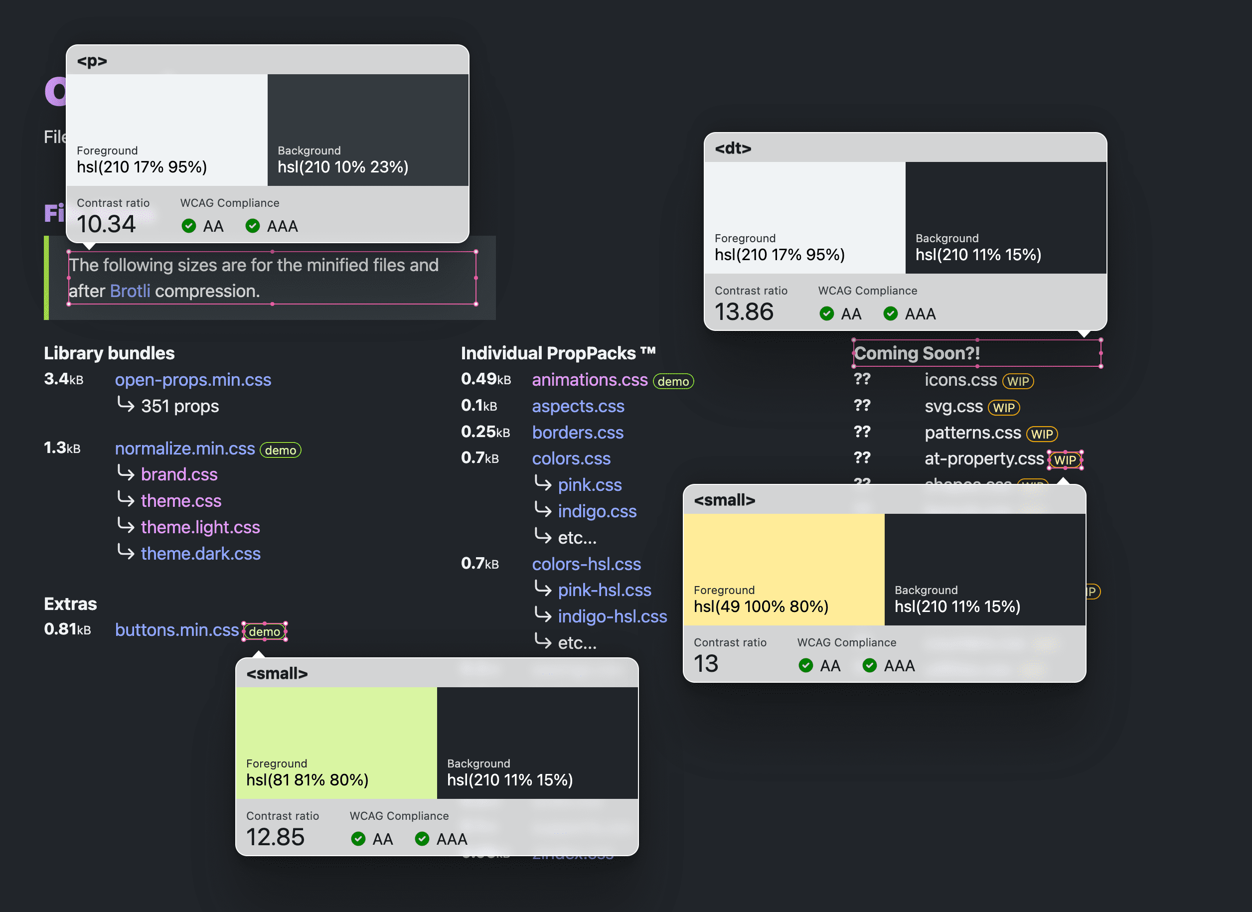 Lista linków na stronie internetowej jest wyświetlana z kilkoma nakładkami VisBug ułatwiającymi dostęp, z których każda wskazuje kontekstualnie i zgłasza kontrast kolorów tekstu i tła.
