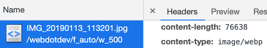 Chrome 开发者工具显示了由 Cloudinary 提供的文件的 WebP 内容类型标头