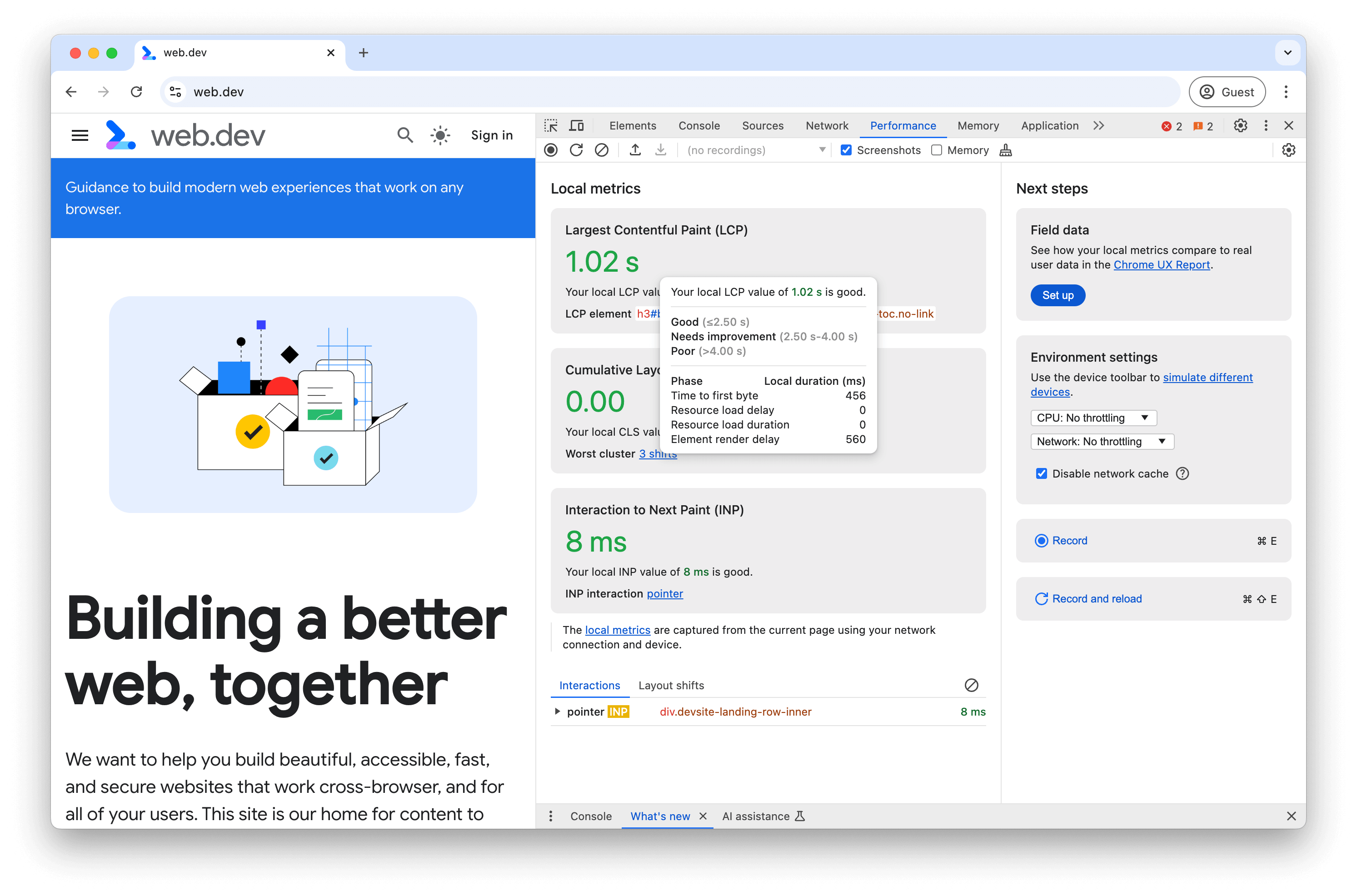 Vista de métricas en vivo en el panel Rendimiento de las Herramientas para desarrolladores de Chrome
