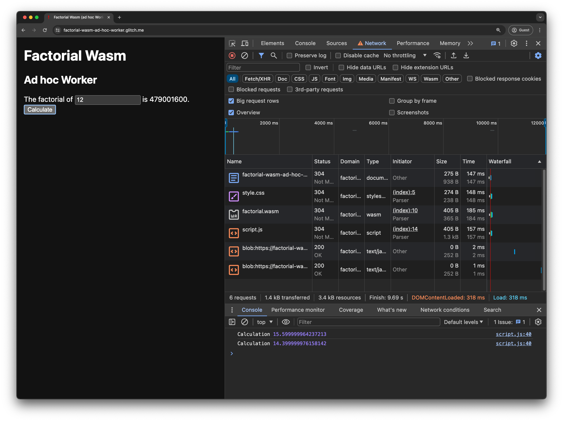 アドホック Worker を使用した階乗 Wasm デモアプリ。Chrome DevTools が開きます。[ネットワーク] タブに 2 つの blob: URL リクエストがあり、コンソールに 2 つの計算タイミングが表示されます。