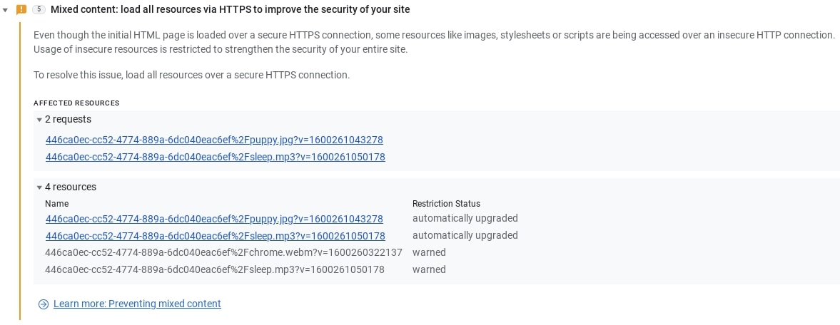 Auf dem Tab „Probleme“ in den Chrome-Entwicklertools finden Sie detaillierte Informationen zum jeweiligen Problem mit gemischten Inhalten und zur Fehlerbehebung.