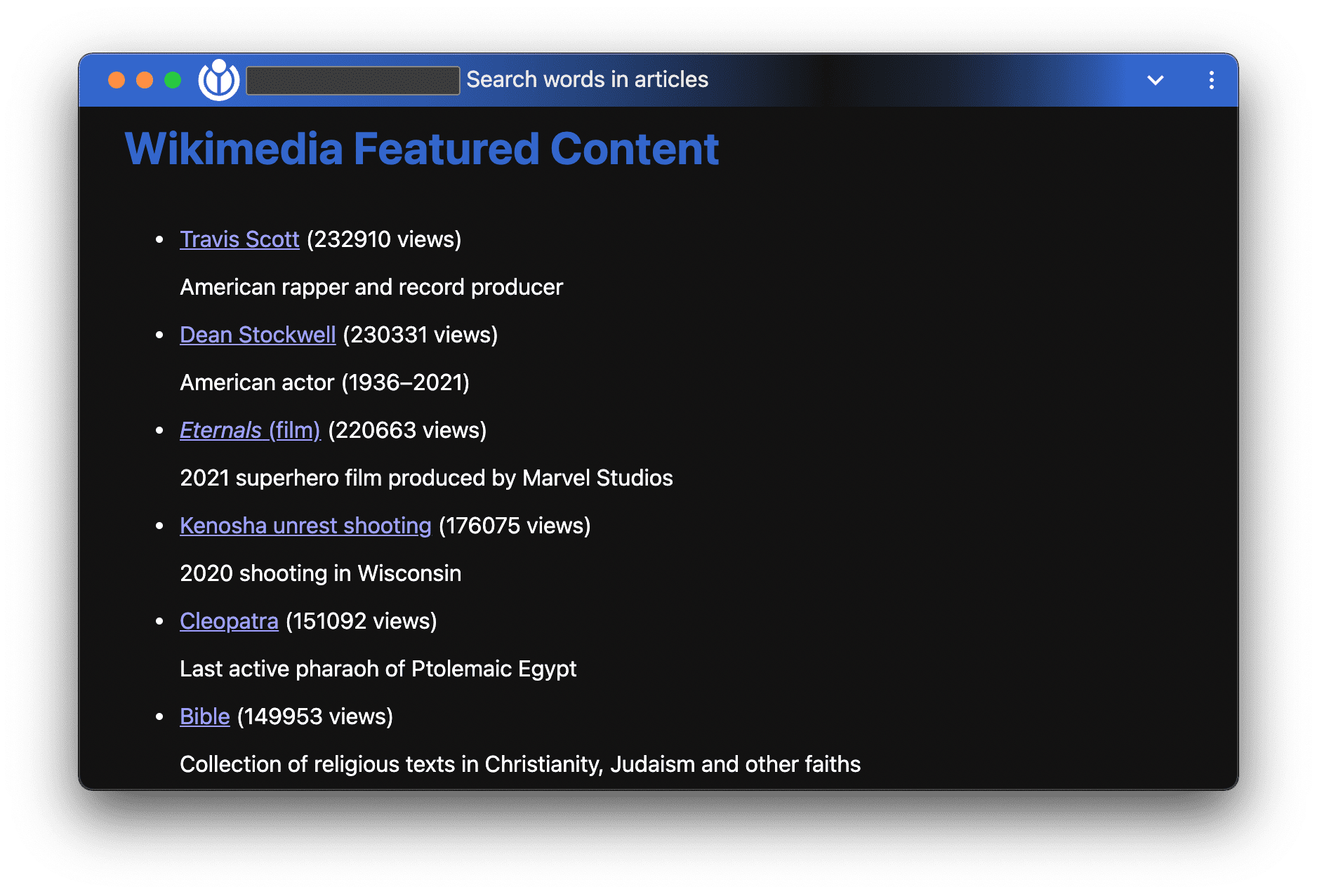 تطبيق Wikimedia Featured Content التجريبي مع واجهة برمجة التطبيقات Window Controls Overlay