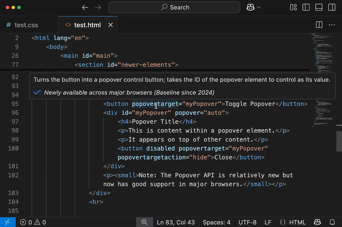 التمرير فوق عنصر HTML الخاص بمربّع الحوار "متاحة على نطاق واسع" وسمات النافذة المنبثقة "متاحة حديثًا"
