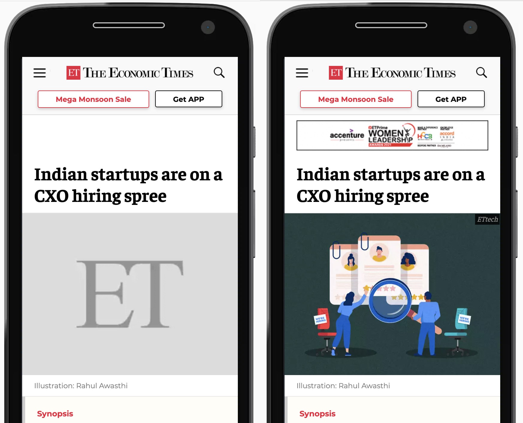 Perbandingan berdampingan situs The Economic Times seperti yang ditampilkan di ponsel. Di sebelah kiri, placeholder abu-abu disediakan untuk gambar hero artikel. Di sebelah kanan, placeholder diganti dengan gambar yang dimuat.