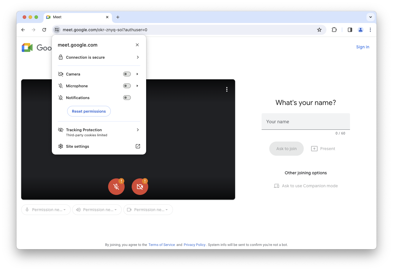 Dialog setelan situs di Chrome terbuka untuk aplikasi Meet. Dialog ini memungkinkan izin direset.