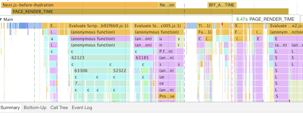 Capture d'écran du profileur de performances dans Chrome DevTools qui analyse les performances de chargement de l'application Disney+ HotStar sur un appareil de smart TV Une métrique personnalisée appelée PAGE_RENDER_TIME est de 6,47 secondes.