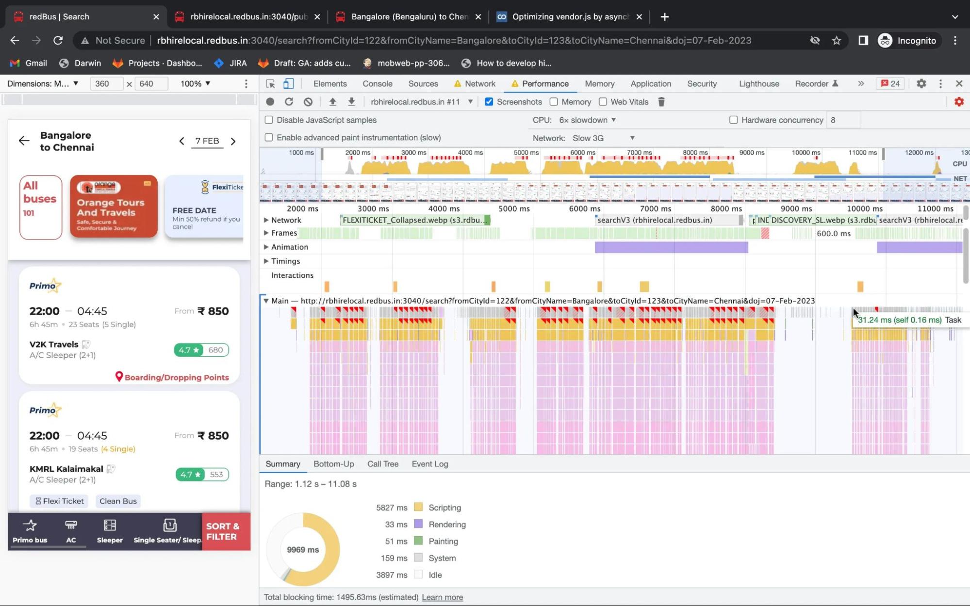 Ảnh chụp màn hình của bảng điều khiển hiệu suất trong Chrome DevTools cho thấy trang web redBus kích hoạt các lệnh gọi lại sự kiện cuộn không được loại bỏ độ trễ. Kết quả là luồng chính bị chặn.