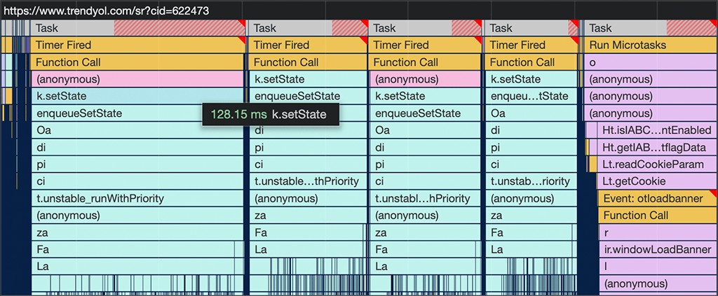 Uno screenshot di una sessione di profilazione delle prestazioni in Chrome DevTools per il PLP di Trendyol. L'attività lunga che in precedenza veniva eseguita per 737,6 millisecondi ora è suddivisa in diverse attività più piccole.