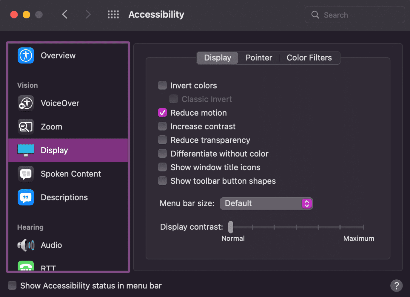 Interface de configurações de tela do macOS, em que a opção "Reduzir movimento" está ativada.