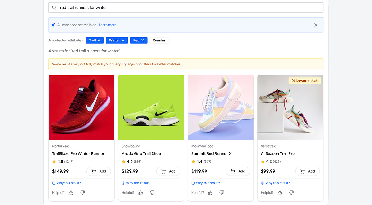 Beispiel für die KI-gestützte Suche von Shoppe nach roten Laufschuhen.