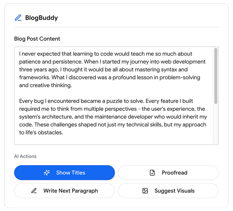 ویراستار BlogBuddy، که شامل یک مقاله شخصی است.