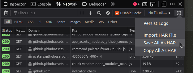 O painel de rede de ferramentas para desenvolvedores do Firefox com a opção "Salvar tudo como D" em destaque.