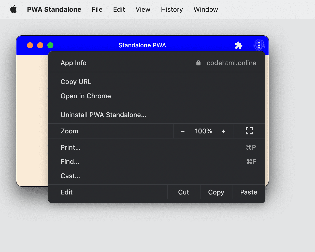 Una PWA installata con Google Chrome su computer che mostra il menu a discesa e l'icona dei plug-in.
