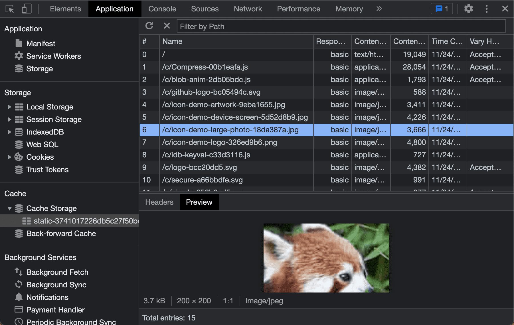Debug dei contenuti di Cache Storage di Chrome DevTools.