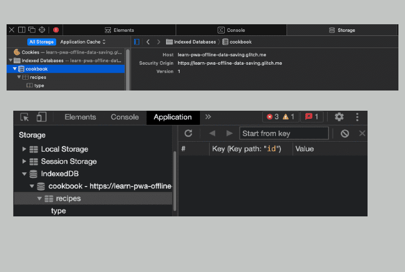 ‫Safari ו-Chrome מציגים את התוכן של IndexedDB.